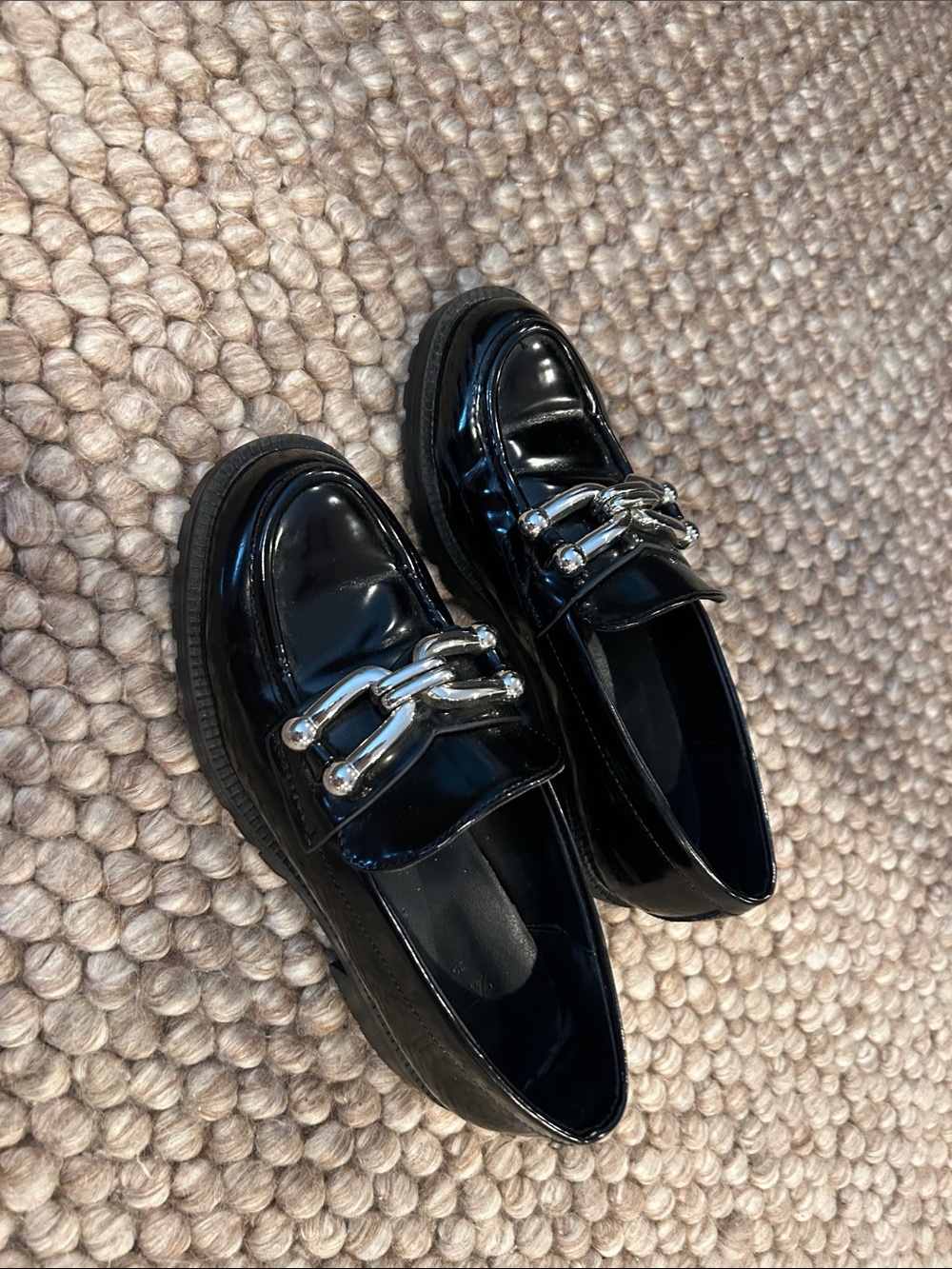 Zara Black Patent Leather Loafers with Silver Chain Accent